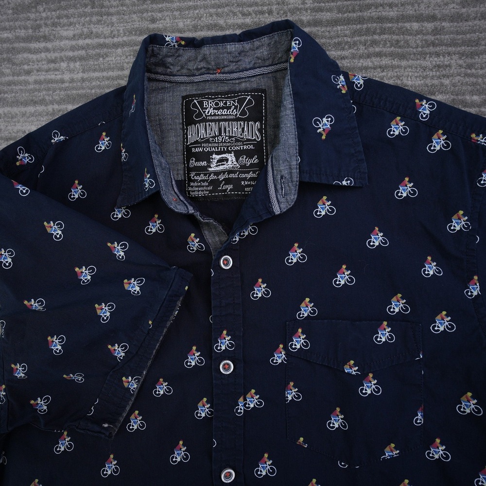 Broken Threads Mens Large Navy Blue Bicycle Print Short Sleeve Button Down Shirt